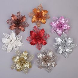 10Pcs 9CM Gold Powder Hollow Flower Head For Christmas Tree Decoration Ornament Glitter PE Flower Artificial Garland Accessories