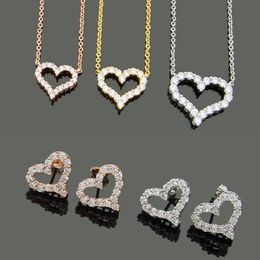 Designer Jewellery Women Diamond Heart Pendant Necklaces Rose gold Earrings Suits Never Fading Stainless Steel 3 Colours Silver Golde2843