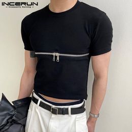 Men's T Shirts INCERUN Fashion Men Shirt Zipper Solid Colour Fitenss O-neck Summer Short Sleeve Clothing 2023 Streetwear Casual Crop Tops
