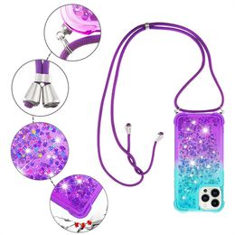 Luxury Quicksand Shockproof Soft TPU Cases For 15 Pro Max 14 13 12 Mini 11 XR XS X 8 7 6 Plus Gradient Bling Liquid Cover With Crossbody Strap Shoulder Lanyard