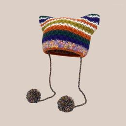 Berets Japanese Cute Little Devil Colorful Tassel Woolen Hat Women's Autumn And Winter Abby Wind Warm Ear Protection Cap