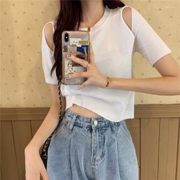 Women's T Shirts Chic Hollow Out Dew Shoulder Short Sleeve Women Summer Casual Solid Colour Knitted T-shirts Tee Tops Black/White Female Top