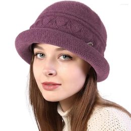 Berets Women Winter Knitted Bucket Hat Bowler Thick Fur Lined Warm Hats Fashion Casual Round Brim