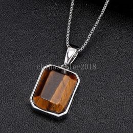 Square Natural Tiger Stone Pendant Necklace Solid Bling Large Charm 14k Gold Plated Personality Boyfriend Gift For Men