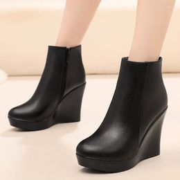 Boots Women Genuine Leather Platform Ankle Winter Female Plush Snow Round Head Wedge High Heel Shoes Size33-41