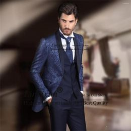 Men's Suits Slim Fit Blue Jacquad Wedding For Men Shawl Lapel Groom Tuxedos 3 Pieces Sets Male Prom Blazers Terno Masculinos Completo