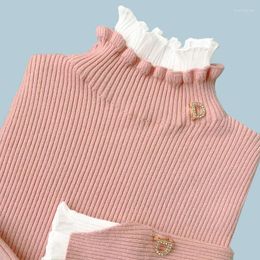 Women's Sweaters 2023 Autumn Winter Sweater Turtleneck Lace Ruffle Pullover Trumpet Sleeve Top Solid Colour Knitwear