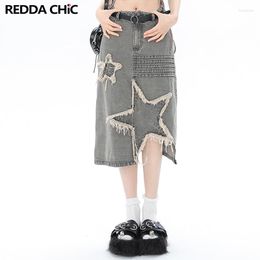 Skirts Reddachic Street Star Patched Women Denim Midi Skirt Retro Grey Female Irregular Hem Asymmetrical Long Jean Acubi Fashion