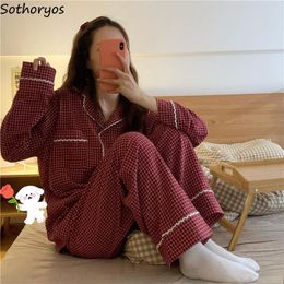 Women's Sleepwear Pyjama Sets Women Retro Red Cheque Lace Plaid Cotton Breatheable V-neck Full Length Autumn Winter Fashion Cosy Lounge