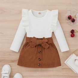 Clothing Sets 4-8Y Fashion Kids Girls Clothes Solid Colour Round Neck Ruffle Long Sleeve Tops Bowknot Waistband Skirt Fall Winter Outfit