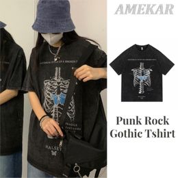 Men's T Shirts 2023 Distressed Oversize Tshirt Streetwear Hip Hop Vintage Skeleton Skull Print Punk Gothic T-Shirt Harajuku Casual Loose Tee