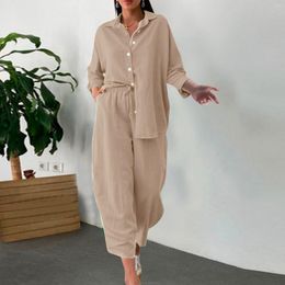 Women's Two Piece Pants Women 2 Retro Solid Color Plus Size Woman Cotton Loose Pajamas Shirt Suit High Waist Slacks Long Sleeve Top