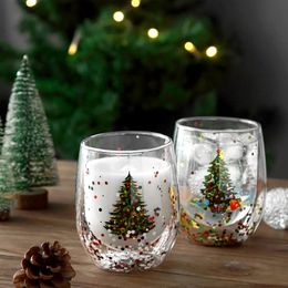 Mugs 1~4PCS Double Wall Christmas Glass Mug Heat Resistant Beautyful Cup For Milk Coffee Water Cup Bar Drinkware Christmas Gift 231009