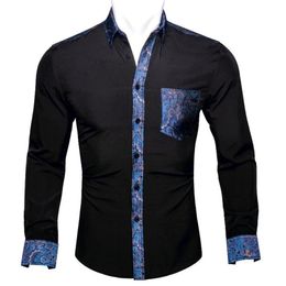 Men's Dress Shirts Barry Wang Black Solid Blue Floral Splicing Men Long Sleeve Casual Soft For Designer Fit Shirt BCY-0302231b