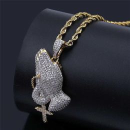 Iced Out Cubic Zircon Praying Hands Pendant With Cross Charms Necklace Fashion Luxury Hip Hop Designer Jewelry264j
