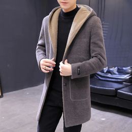 Men's Wool Blends Winter High Quality Golden Sable Woollen Coat Hooded Korean Version of The Medium Length and Fleece Thickened 231009