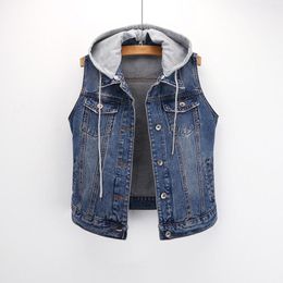 Women's Vests Denim Vest Mid Short Jean Sleeveless Jackets Distressed Cotton Womens Print Scrub Jacket