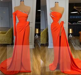 New Designer Simple Elegant Orange Strapless Evening Dresses Plus Size Sweep Train Formal Dresses Prom Wear vestido de novia robes 2023