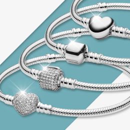 Big Sale Fine DIY Wedding Bracelet Bangle for women Original 100% 925 Sterling Silver Heart Clasp Snake Chain Fit Bead Bracelet Jewellery For Lover Gift