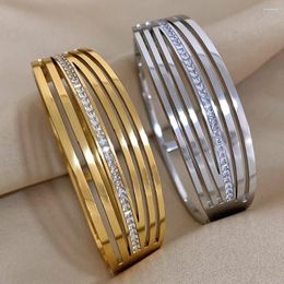 Bangle AENSOA 316L Stainless Steel Zircon Multi-Layered Hollow Wide Bangles Bracelets For Women Girl Gold Color Waterproof Jewelry