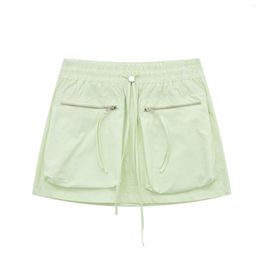 Skirts Green Cargo Mini Skirt Women Fashion Big Pockets Short Elastic Waist Chic Lady Female Clothing 2023 Summer