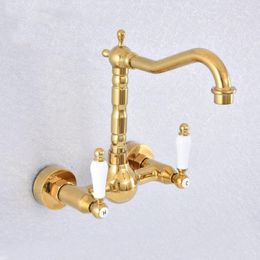 Bathroom Sink Faucets Golden Brass Dual Handle Duals Hole Wall Mount Basin Faucet Vanity Kitchen Cold And Water Mixer Taps Dsf608