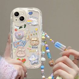 Cell Phone Cases Clear 3D Bear Hang Cute Case For iPhone 15 14 13 12 11 Pro Max Plus XR XS 7 8 Cartoon Lanyard Bracelet Korean Style Cover 231010