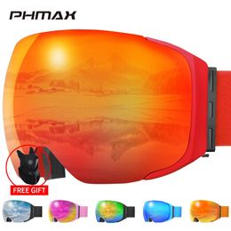 نظارات التزلج Phmax Goggles UV400 anti-fog eyewear العدسة المغناطيسية للنساء الرجال في الهواء الطلق الرياضة الجبال على الجليد نظارات الثلج الكبيرة مع قناع 231010