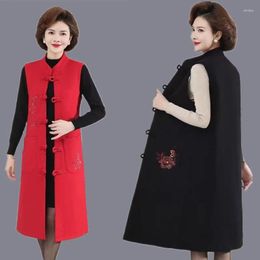Women's Vests Mid Length Autumn Ethnic Style Retro Buckle Embroidered Vest Coat Woolen Jacket Standing Collar Waistcoat Z3257