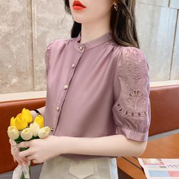 Women's Blouses Bubble Short Sleeve Hollow Out Blouse Vintage Embroidered Shirt Summer Clothing Single-breasted Women Tops