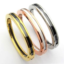 Europe America Fashion Style Lady Women Titanium steel Engraved B Initials Black White Ceramic Gear Wide Bangle Bracelets 3 Color285g