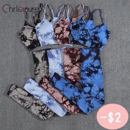 Yoga Outfit CHRLEISURE Set Women Seamless Tie Dye Fashion Push Up Bra Printing Aesthetic Fitness Gym High Waist Female Pants 231010