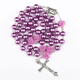Pendant Necklaces Purple Imitation Pearl Rose Catholic Rosary Necklace Cross Virgin Religious224R
