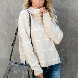 Women's Sweaters Sandro Rivers Women Pullover Sweater Turtleneck Plaid Long Sleeve Loose Casual Chunky Checked Knitted Winter Sweaters Jumper Top 231005