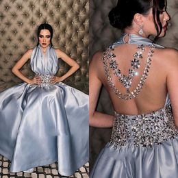 Grey Halter Rhinestone Prom Dresses Ankle Length Satin Formal Party Gown Pleat A Line Vestidos De Fiesta