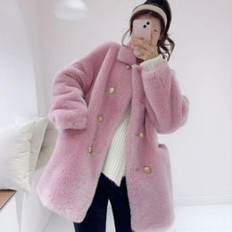 Womens Fur Faux Women Winter Autumn Outwear Sheep Sheared Wool Jacket Double Breasted Coat Length Fleece Overcoat 231010