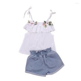 Clothing Sets Summer Toddler Kids Baby Girl Lace Floral Sling Top Denim Shorts Sleeveless 2PCS Infant Clothes 2-7 Years