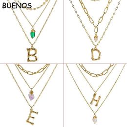 Pendant Necklaces BUENOS Multilayer Letter Initial Necklace Women A-Z Fashion Pearl Zircon Natural Stone Gold Chain Jewelry2613