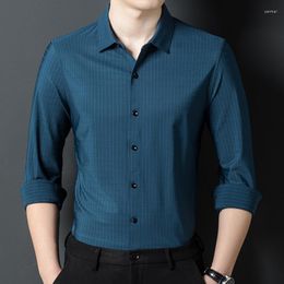 Men's Casual Shirts Business Gentleman Silk Men Shirt Long Sleeved High-End Fashion Plaid Quality Soft Comfortable Seamless Chemise Homme