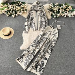 Women's Two Piece Pants Fashion Women Casual Print Knitted Pieces Set Pullover Elegant Sweater Tops Wide-Leg Pantsuit Chic Vintage Female