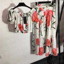 Floral Print Women T Shirt Tops Dress Two Piece Sets Fashion Casual Vacation Beach Long Dress311E