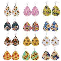 Dangle Earrings Bright Sunflower Leaves Print PU Faux Leather Teardrop Drop For Women Light Weight Boho Jewellery