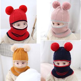 Ball Caps Autumn Winter Baby Toddler Hats Woolen Thick Boys Girls Warm One Piece Scarf Bear Hat Cute Two Balls 2-5 Year AA