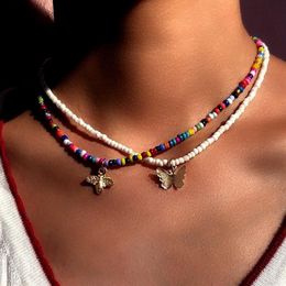 Pendant Necklaces Boho Metal Bee Butterfly Beads Necklace For Women Multicolor White Bead Choker Sweet Fashion Jewelry222h