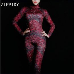 Women's Jumpsuits & Rompers Full Red Rhinestones Spandex Bling Jumpsuit Birthday Party Celebrate Outfit Bar Female Singer Bod325u