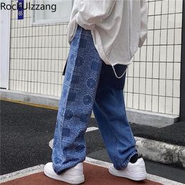 Loose Straight Paisley Bandana Patchwork Denim Pant Jeans Trouser Fashion Baggy Japanese Streetwear Hip Hop Washed Blue Black1279V