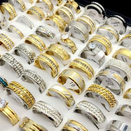 Whole 50pcs Lots Top Rhinstone Zircon Gold Plate Silver Plate Stainless Steel Ring For Men's Women's Wedding Gift Je290v