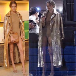 Women's Trench Coats Luxury Women Golden Glossy Bright Full Sequined Beading Coat Girls Party Clothing Bling Long Outerwear For Events