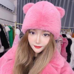 Berets 2023 Winter Fashion Soft Mink Velvet Women's Hats Cute Age Reduction Fluffy Solid Color Female Caps Warm Bear Ears