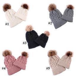 2PC Parent Child Pom Winter Hats Knitted Beanies Cap Mother Kids Fur Ball Beanie Hat Outdoor Ski Headwear LL
